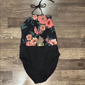 Time & Tru floral and black one piece halter with gold accent size large